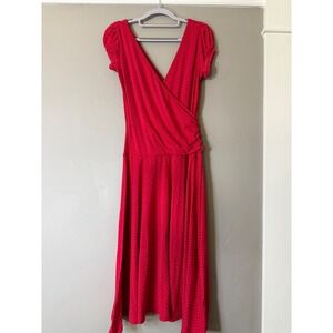 Rosebud Red Polka Dot Faux Wrap Midi Dress Short Puff Sleeve V-Neck Large